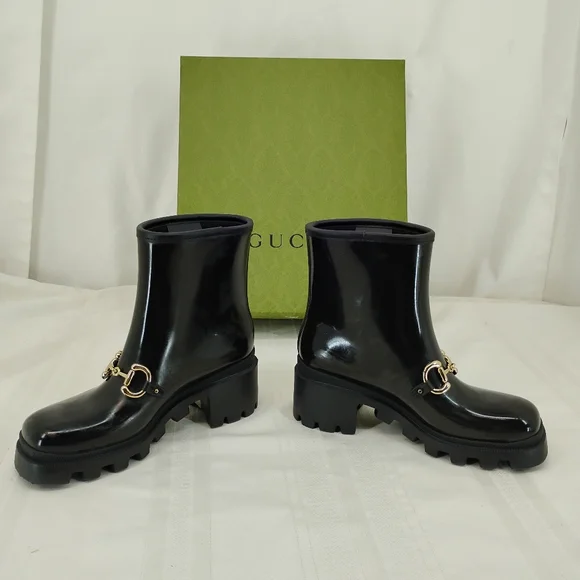GUCCI Luxe Horse Bit Boots SNAKE ON BOTTOM! Black Rubber Snow or Rain - Picture 6 of 13